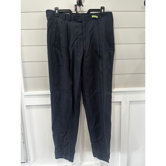 Louis Raphael Other - Louis Raphael Mens Navy Blue 100% Linen Pleated Cuffed Dress Pants Size 36 x 30